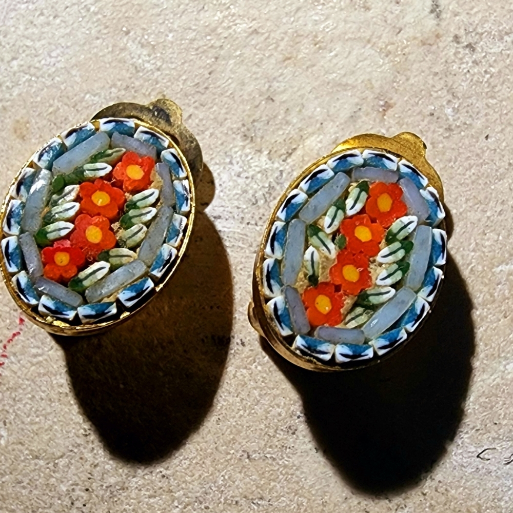 Vintage 1960s italian micro mosaic floral clip on earrings green blue orange